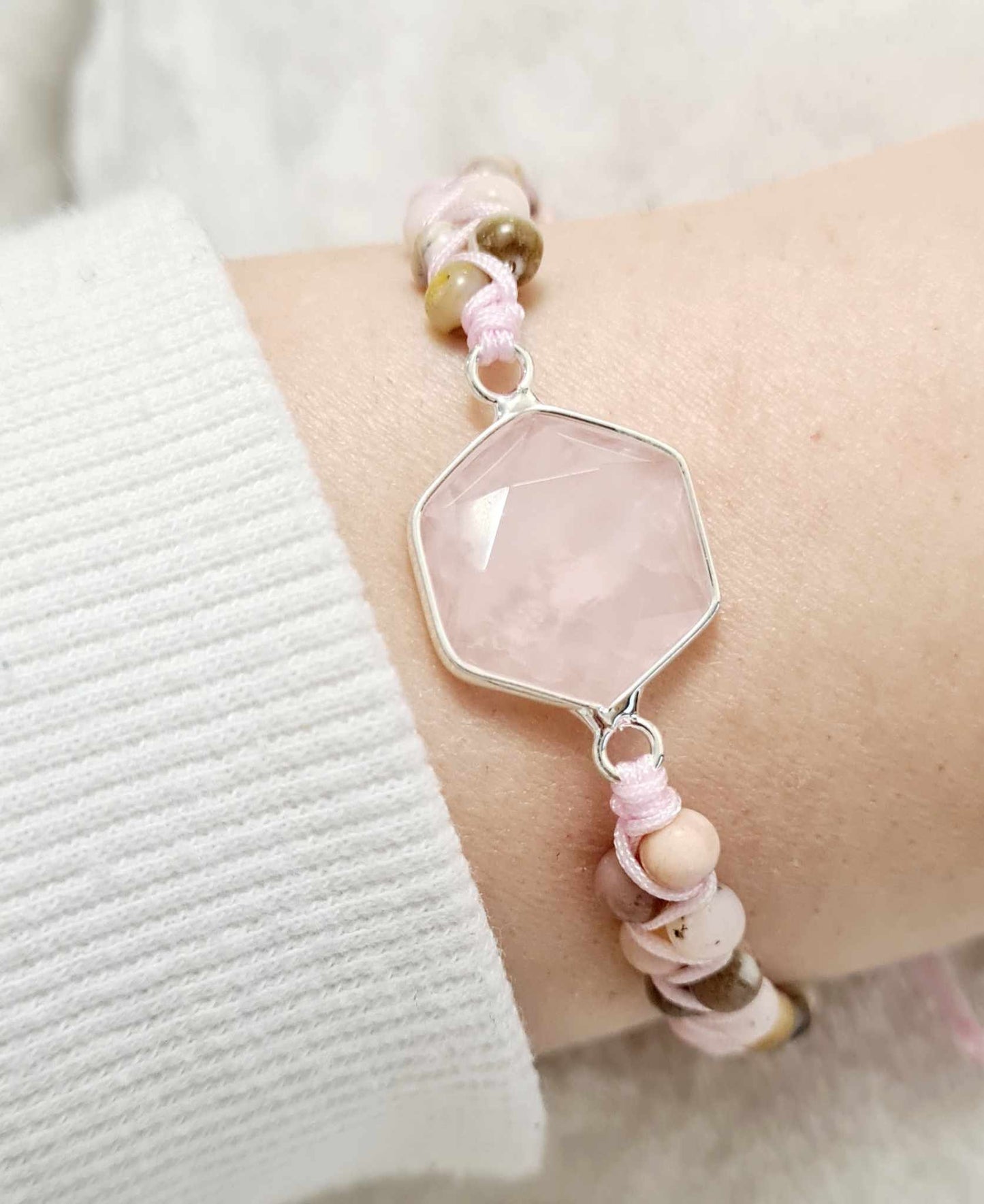 Rose Quartz Charm Bracelet - Handmade with Pink Opal Beads, Hexagon Gemstone Design, Braided Boho Jewellery, Yoga Healing Gift for Her