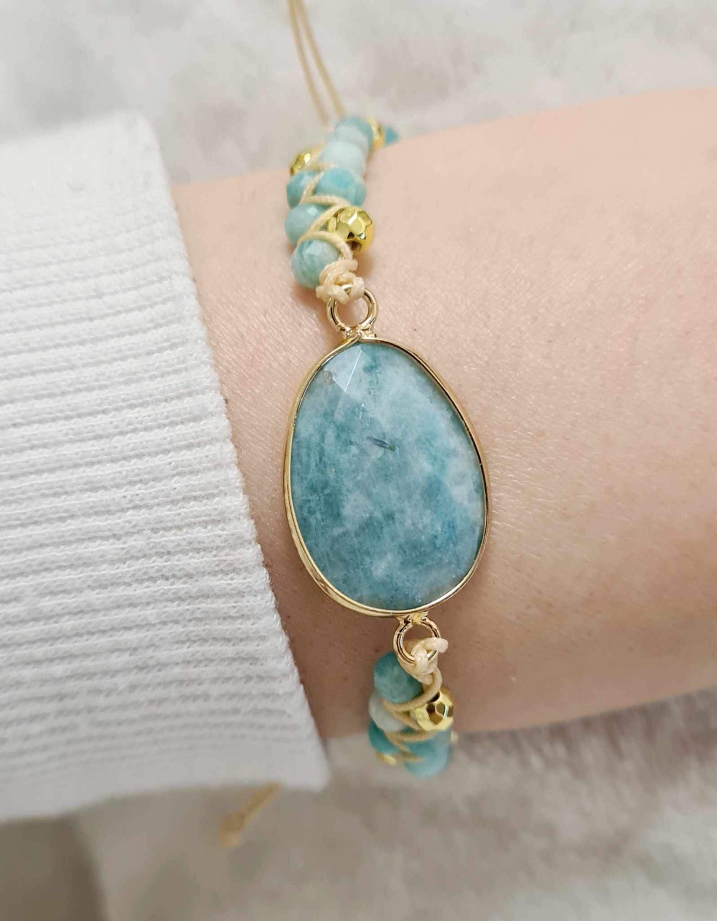 Amazonite Adjustable Bracelet with Oval Charm - Minimalist Gemstone Jewellery, Boho Chic, Natural Stone Bracelet for Women, Unique Gift UK