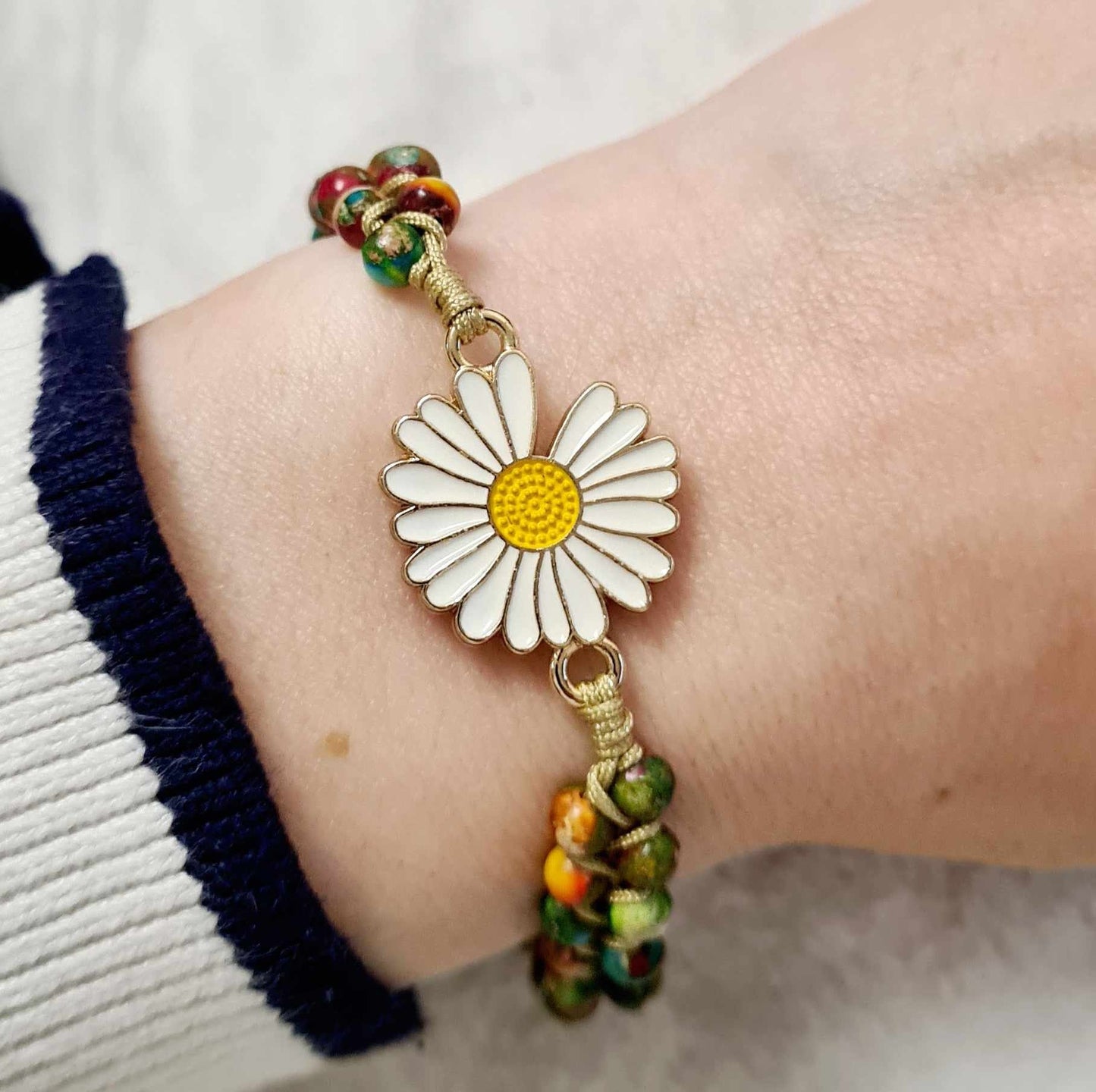 Jasper Daisy Charm Bracelet - Handmade Natural Stone Macramé Jewellery, Stress & Anxiety Relief, Beaded Wrap Bracelet for Women