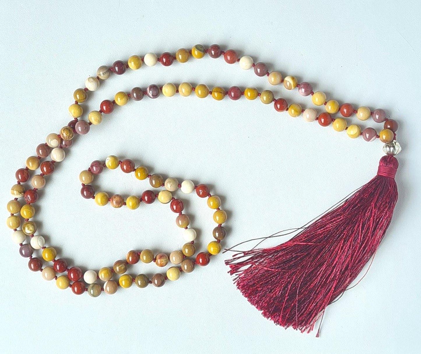 Mookaite Yoga Tassel Necklace – 108 Mala Beads Meditation Necklace with Long Tassel | Handmade Mookaite Beads Beaded Necklace | Boho Jewelry