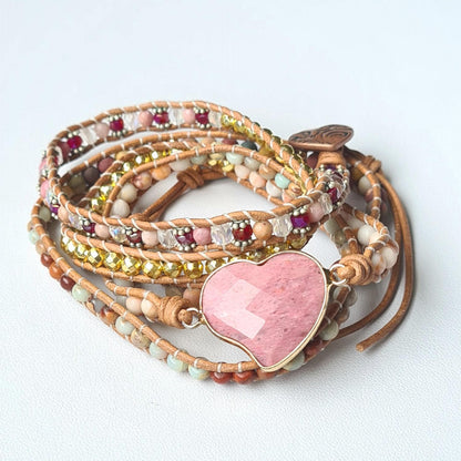 Rhodonite Heart Wrap Bracelet, Natural Stone Beaded Armwrist, Bohemian Bracelet, Handmade Leather Jewellery Woven Bracelet, Flower Child