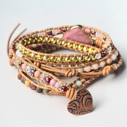 Rhodonite Heart Wrap Bracelet, Natural Stone Beaded Armwrist, Bohemian Bracelet, Handmade Leather Jewellery Woven Bracelet, Flower Child