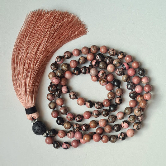 108 Mala Necklace – 8mm Rhodonite & Lava Beads with Tassel | Handmade Yoga Meditation / Healing Jewellery | Unique Gift for Women