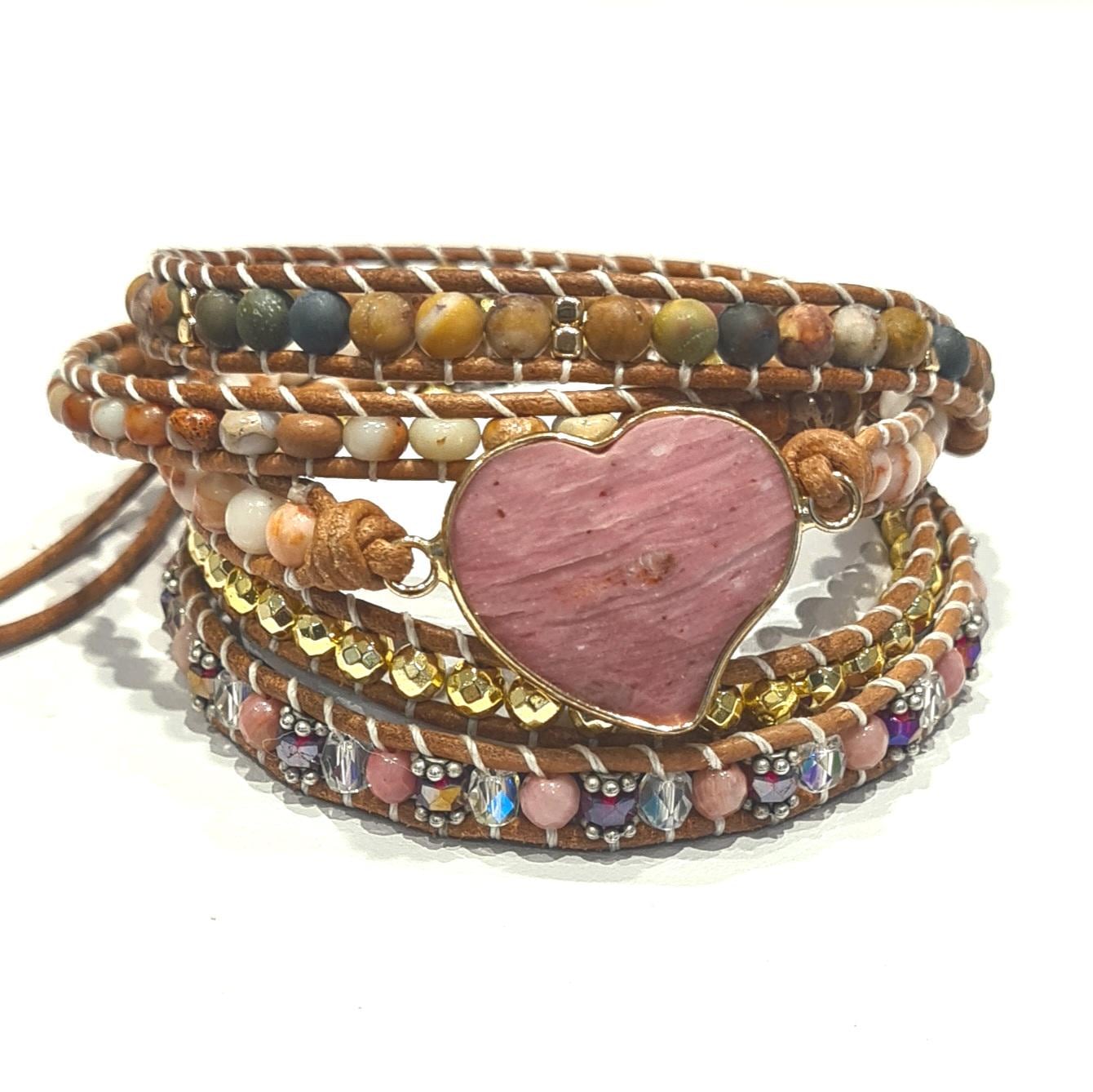 Rhodonite Heart Wrap Bracelet, Natural Stone Beaded Armwrist, Bohemian Bracelet, Handmade Leather Jewellery Woven Bracelet, Flower Child