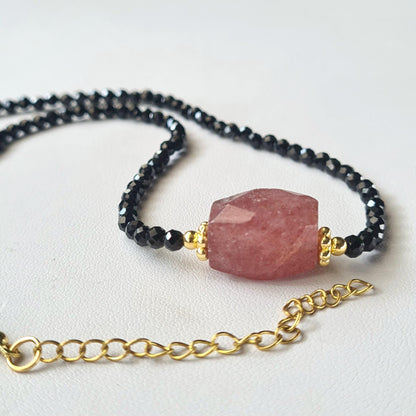 Black Spinel Choker Necklace with Rhodonite | Handmade Adjustable Short Necklace | Tiny Beads | Valentine’s Day Gift for Her