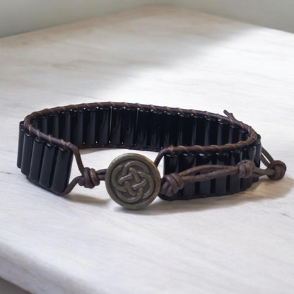 Black Agate Leather Bracelet, Braided Boho Cuff Jewellery, Unisex Natural Stone Bangle, Handmade Flower Child Bracelet, Bohemian Accessory