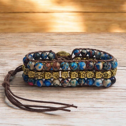 Handmade Imperial Jasper Bracelet, Blue & Red Antique Gold Flower Beads, Boho Wrap Cuff, Gipsy-Inspired Gift, Supreme Nurture Jewellery