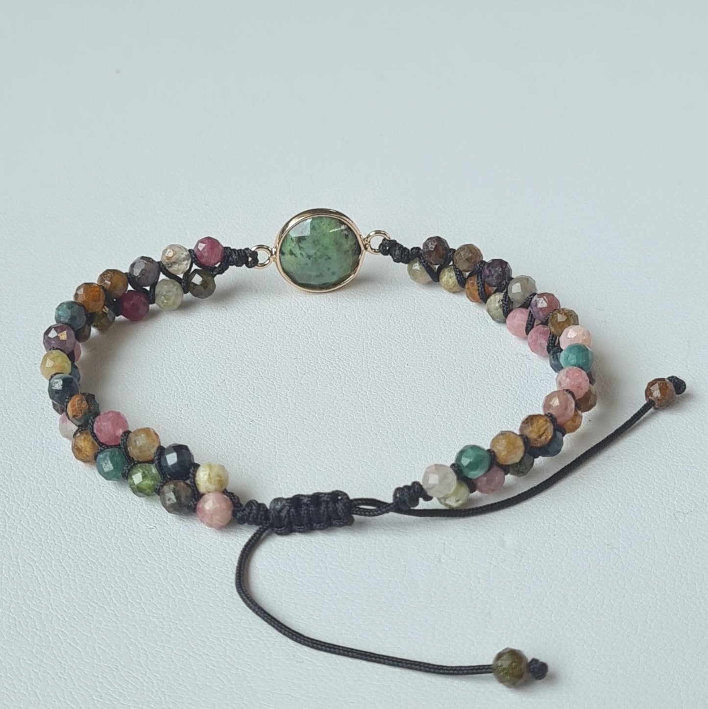 Tourmaline Beaded Bracelet with Turquoise Circular Charm - Minimalist Adjustable Bracelet, Handmade Jewellery, Delicate Gift for Women