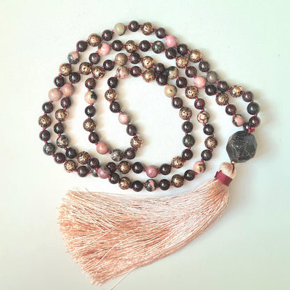 Yoga Garnet & Rhodonite Necklace – Rose Gold Lava 108 Mala Beads with Blush Pink Tassel | Meditation Jewellery Gifts for Women