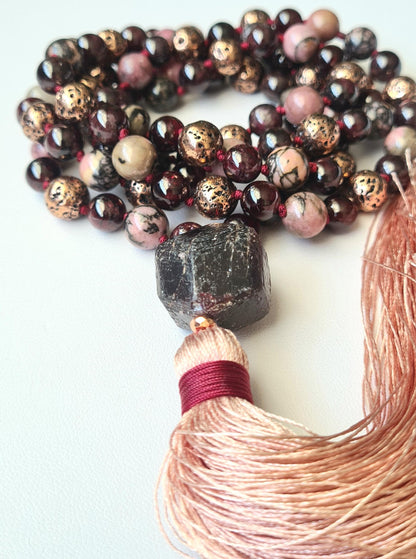 Yoga Garnet & Rhodonite Necklace – Rose Gold Lava 108 Mala Beads with Blush Pink Tassel | Meditation Jewellery Gifts for Women