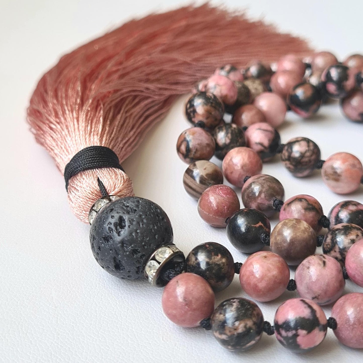 108 Mala Necklace – 8mm Rhodonite & Lava Beads with Tassel | Handmade Yoga Meditation / Healing Jewellery | Unique Gift for Women