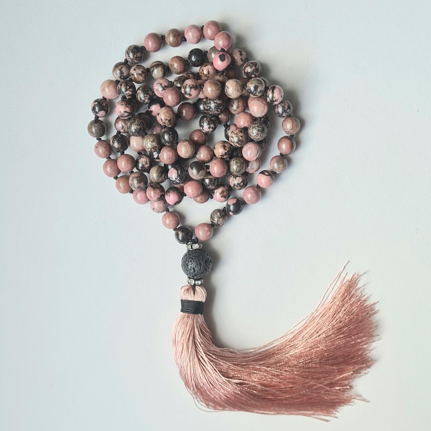 108 Mala Necklace – 8mm Rhodonite & Lava Beads with Tassel | Handmade Yoga Meditation / Healing Jewellery | Unique Gift for Women