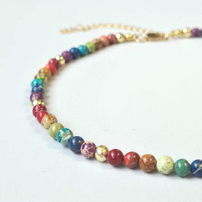 Multicolored Beaded Imperial Jasper Choker Necklace - Unique Gemstone Jewellery, Handmade Boho Chic, Gift for Her, Natural Stone Necklace