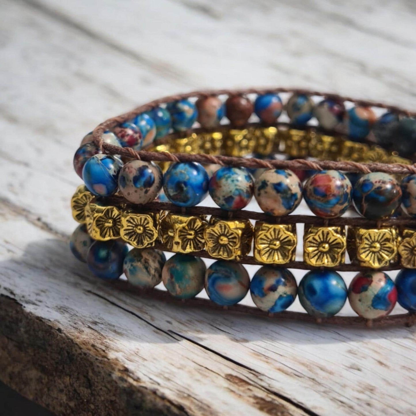 Handmade Imperial Jasper Bracelet, Blue & Red Antique Gold Flower Beads, Boho Wrap Cuff, Gipsy-Inspired Gift, Supreme Nurture Jewellery