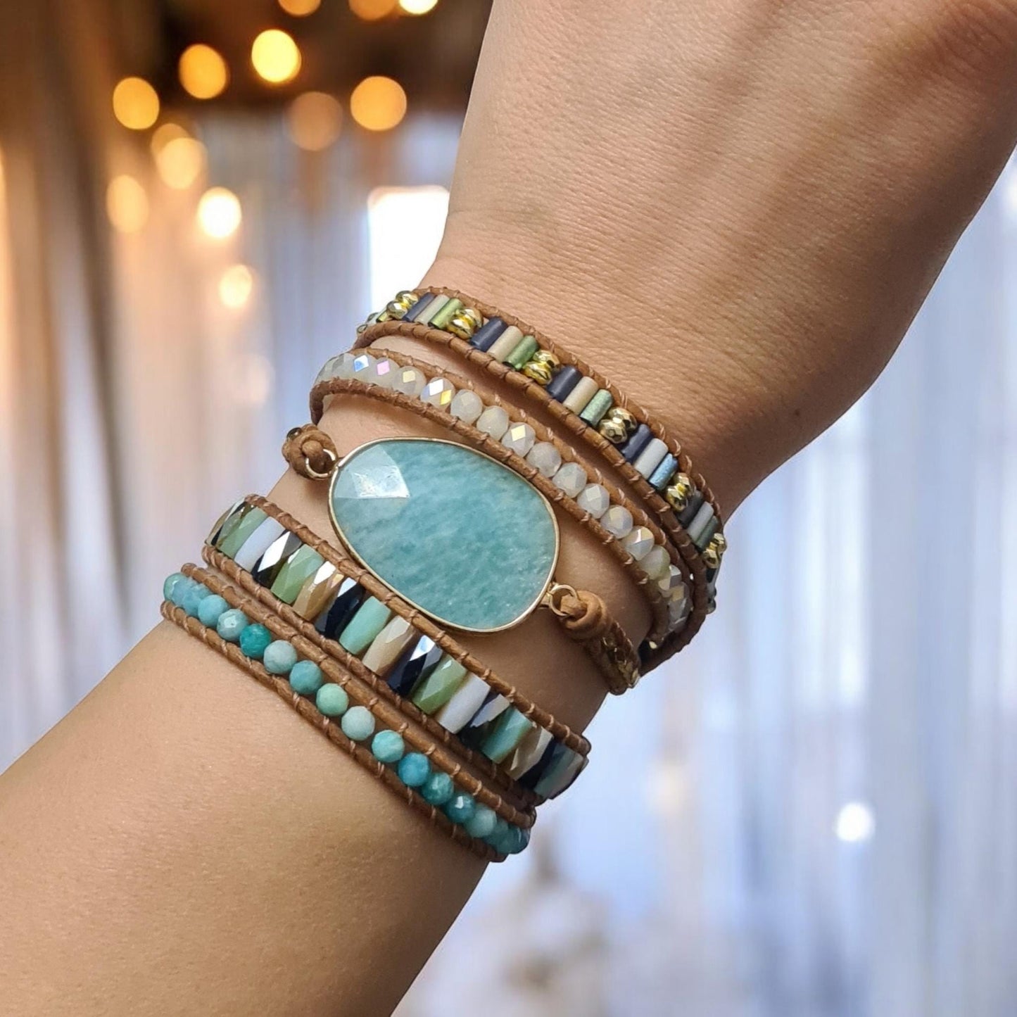 Amazonite Charm Bracelet - Handmade Beaded Wrap, Jasper Leather Multilayer Boho Wristlet, 5-Layer Flower Child Jewellery, Free Spirit Gift