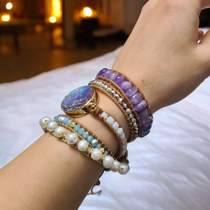 Amethyst and Pearl Bracelet, Purple Bohemian Beaded Wrap, Natural Stone Jewellery, Jasper, and Leather, Handmade Gift, Adjustable Wrap Cuff