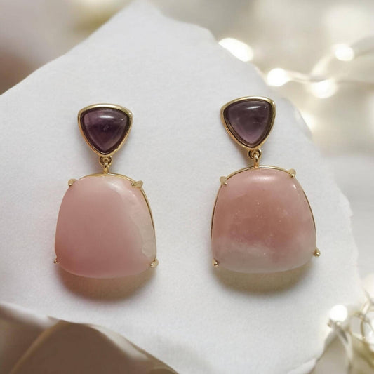 Pink Opal Earrings, Amethyst Drop Earrings, Natural Stone Dangle Earrings, Wedding Jewelry, Party Earrings, Gift for Her, Elegant Jewellery