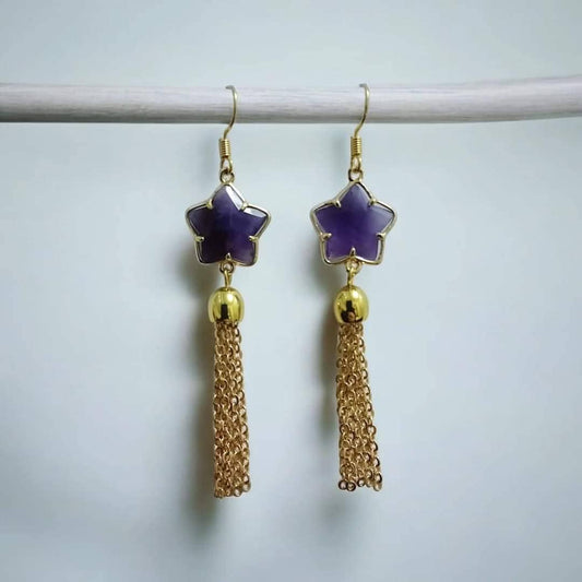 Amethyst Star Drop Earrings, Chain Dangle Earrings, Star Charm Jewelry, Purple Gemstone Earrings, Handmade Boho Earrings, Gift for Her