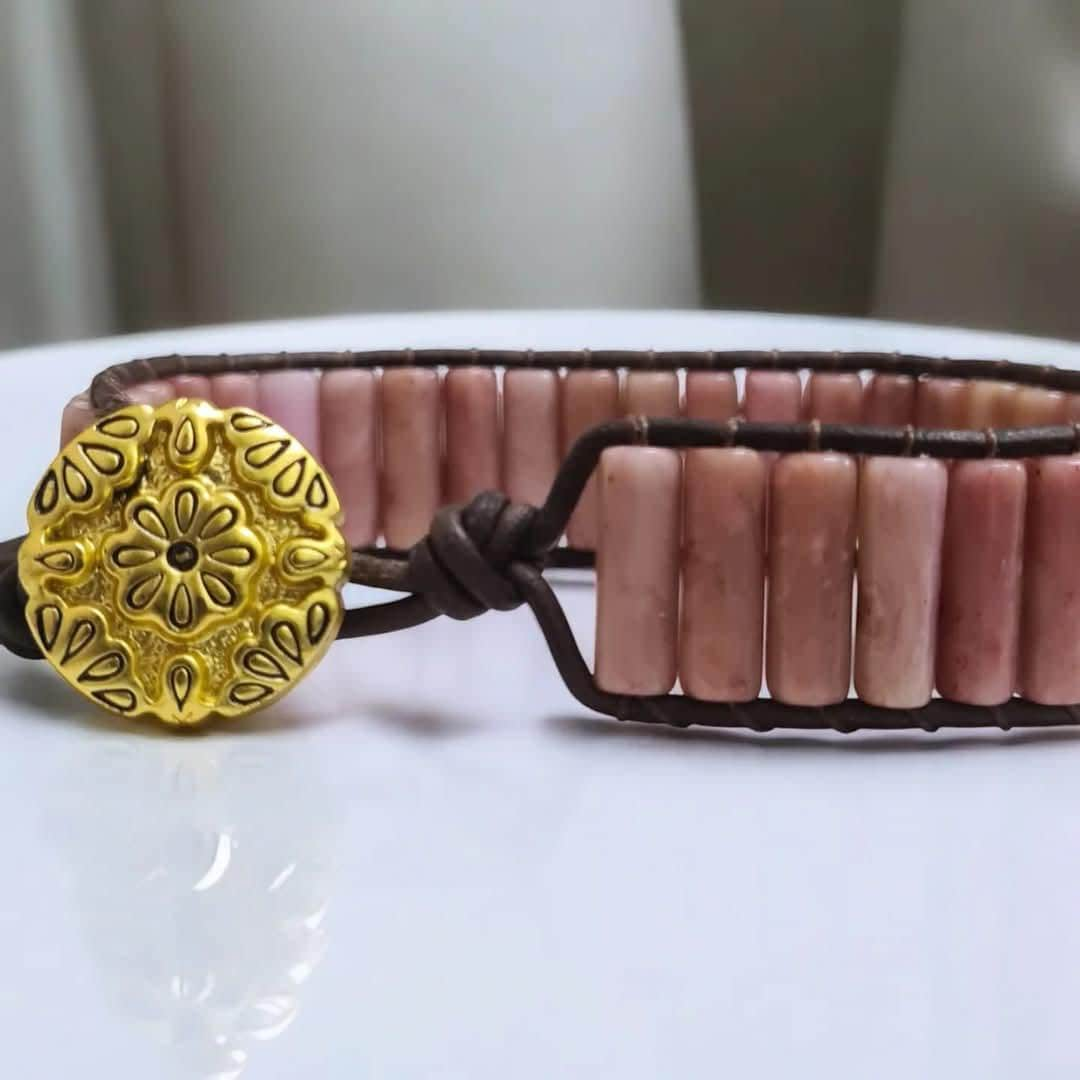 Rhodonite Leather Wrap Bracelet, Bohemian Adjustable Cuff, Natural Stone Yoga & Meditation Jewellery, Unique Healing Gift for Her