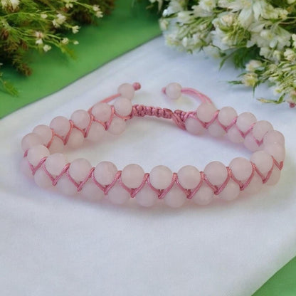 Handmade Matte Pink Frosted Rose Quartz Bracelet - 6mm Natural Gemstone Beads - Boho Macramé Wrap - Braided Jewelry for Women