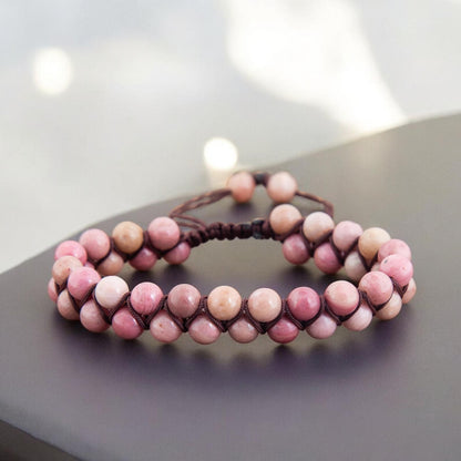 Rhodonite Natural Stone Bracelet | 6mm Beaded Handmade Jewellery | Adjustable Braided Macrame Bracelet | Boho Gemstone Wrap for Strength