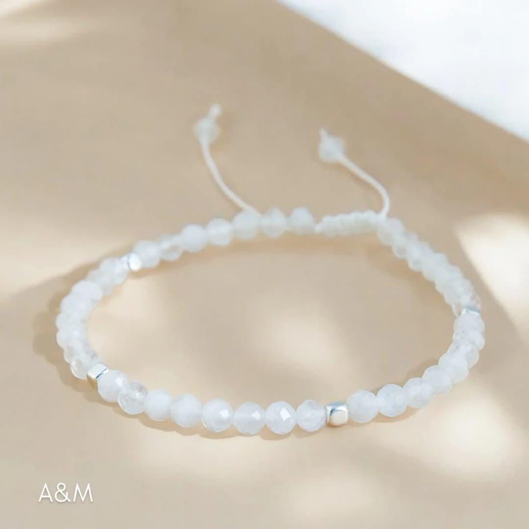 Moonstone Beaded Bracelet - 4mm Minimalist White Gemstone Jewellery,  Adjustable Wristband, Birthday Gift for Women, Elegant Moonstone Gift