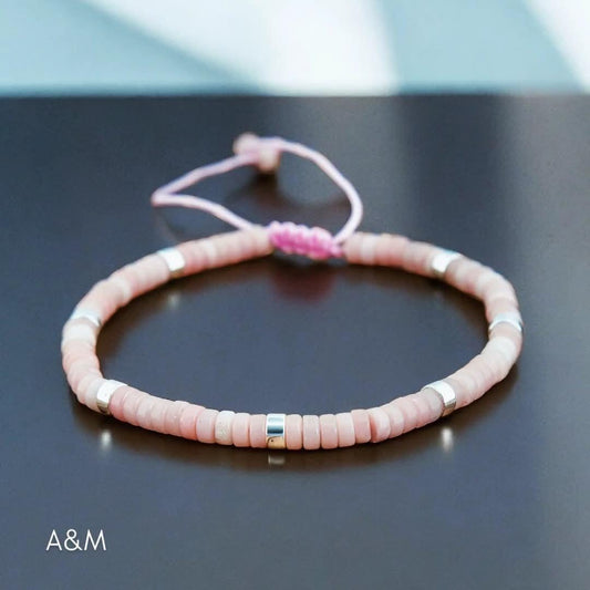 Pink Opal Bracelet - Minimalist Dainty Jewellery, Delicate Natural Stone Beads, Adjustable for Small Wrist, Braided Pink Wristband for Women