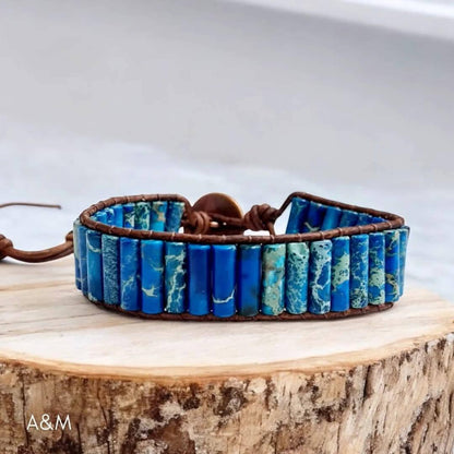 Navy Blue Jasper Leather Bracelet, Tube Beaded Boho Cuff, Adjustable Unisex Bracelet, Healing Stone Jewelry, Handmade Gift for Her / Him