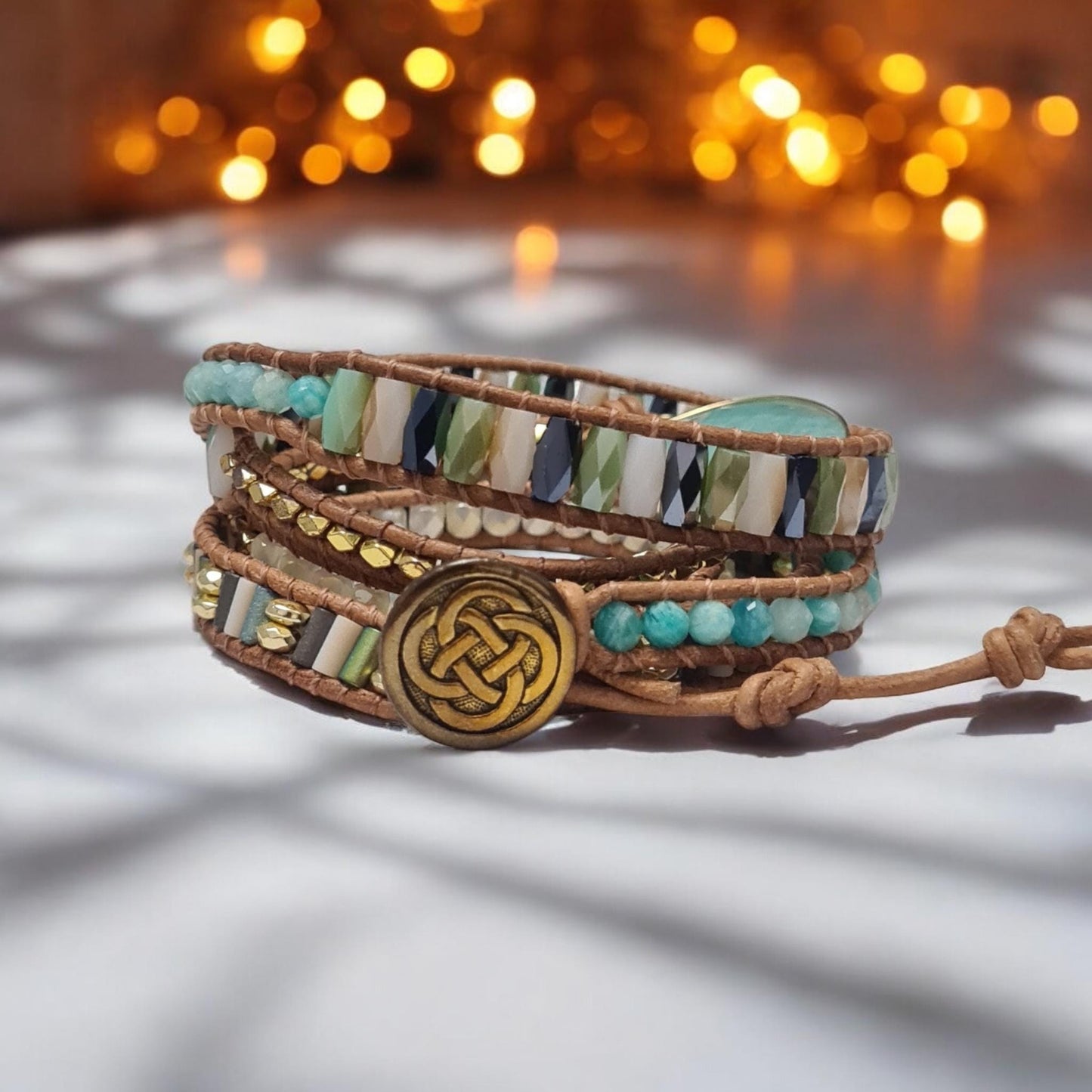 Amazonite Charm Bracelet - Handmade Beaded Wrap, Jasper Leather Multilayer Boho Wristlet, 5-Layer Flower Child Jewellery, Free Spirit Gift