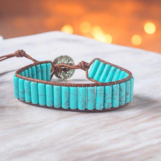 Turquoise Leather Bracelet, Tube beaded Boho Bracelet, Women Men Bracelet Cuff Adjustable Jewellery Healing stone Jewlery