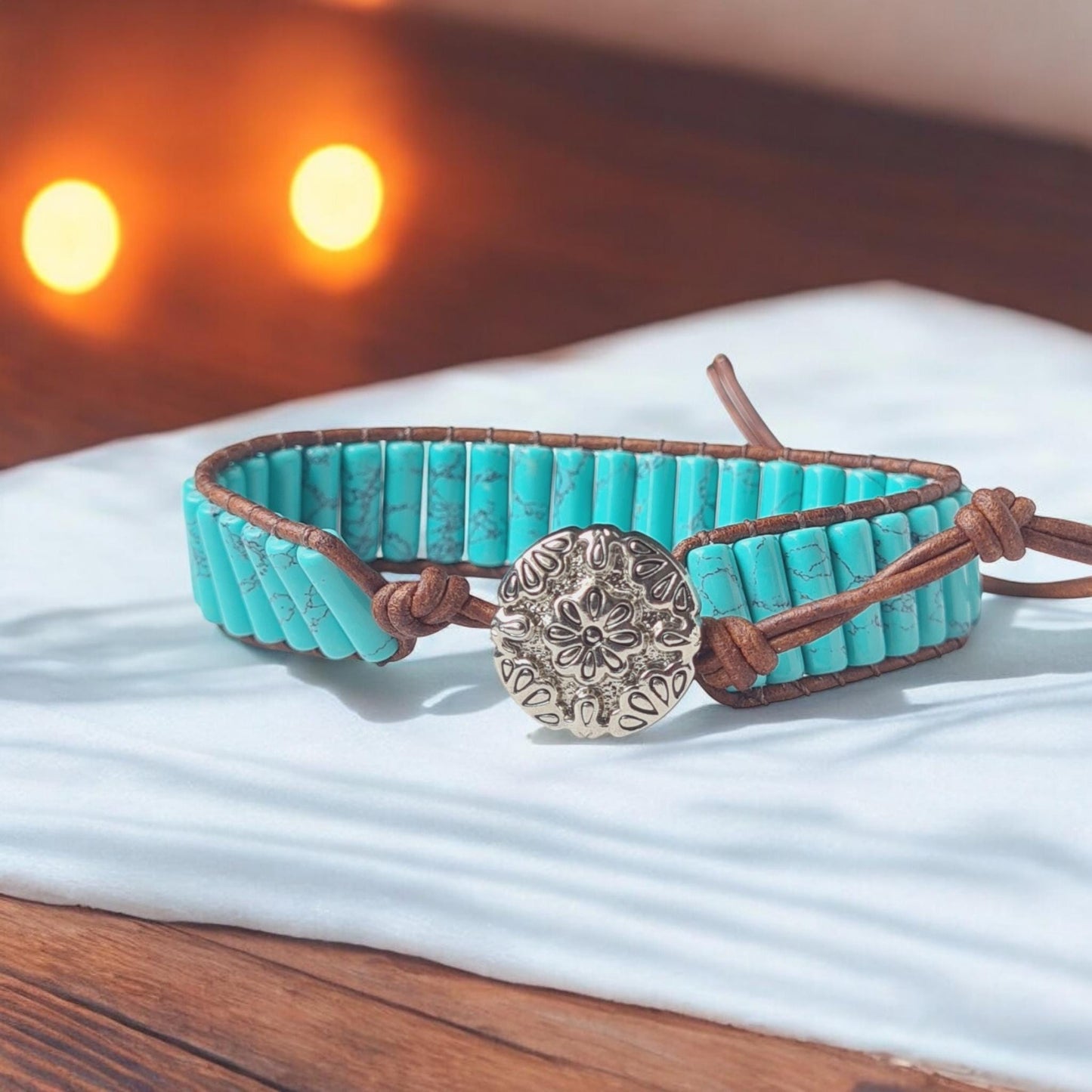 Turquoise Leather Bracelet, Tube beaded Boho Bracelet, Women Men Bracelet Cuff Adjustable Jewellery Healing stone Jewlery