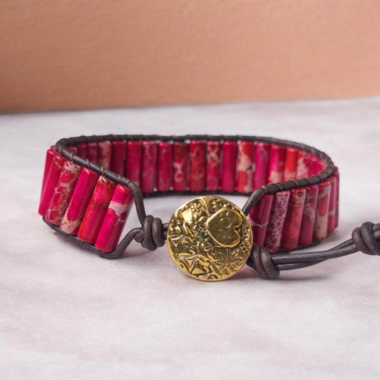 Red Jasper Leather Bracelet, Tube Beaded Boho Bracelet, Adjustable Healing Stone Jewelry, Cuff Bracelet for Women & Men, Handmade Gift