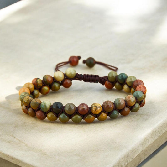 Adjustable Braided Picasso Jasper Beaded Bracelet - Unique Natural Gemstone Jewelry for Men & Women - Boho Accessory Gift - Picasso jasper