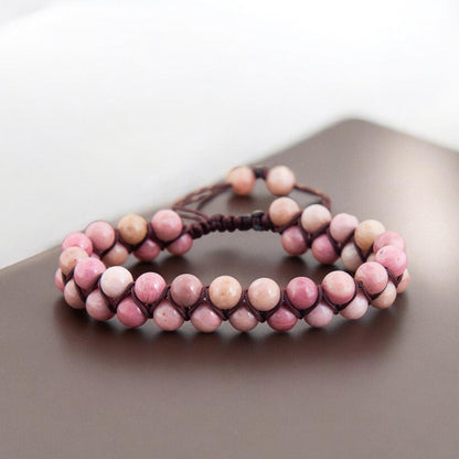 Rhodonite Natural Stone Bracelet | 6mm Beaded Handmade Jewellery | Adjustable Braided Macrame Bracelet | Boho Gemstone Wrap for Strength