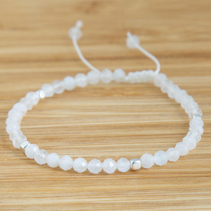 Moonstone Beaded Bracelet - 4mm Minimalist White Gemstone Jewellery,  Adjustable Wristband, Birthday Gift for Women, Elegant Moonstone Gift