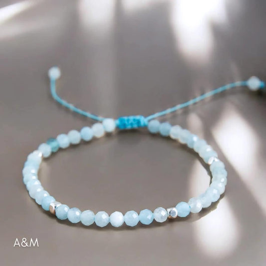 Aquamarine Minimalist Beaded Bracelet, Ocean Blue Gemstone Accessory, Christmas Gift for Her, Dainty Crystal Blue Bracelet, Small Wrist Size