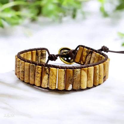 Picture Jasper Brown Tube Beaded Boho Leather Bracelet, Adjustable Unisex Cuff, Natural Stone Healing Jewelry, Handmade Gift for Him / Her