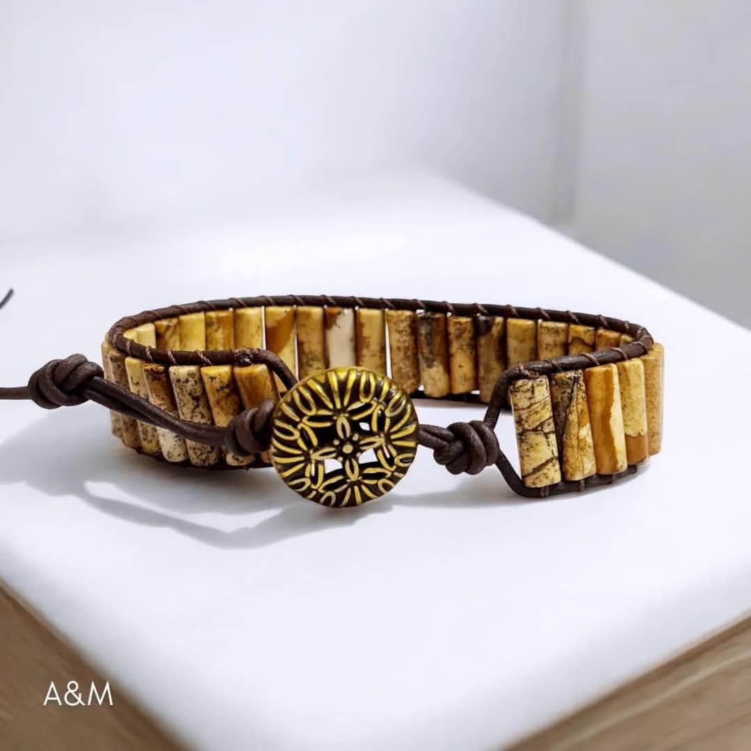 Picture Jasper Brown Tube Beaded Boho Leather Bracelet, Adjustable Unisex Cuff, Natural Stone Healing Jewelry, Handmade Gift for Him / Her